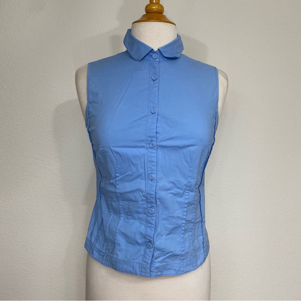 3/$25 Ann Taylor Blue Cotton Stretch Sleeveless Collared Button Blouse Size 4